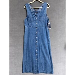 Vintage Blue J Jumper Dress M Blue Denim Polkadot Cotton Button Overall Midi
